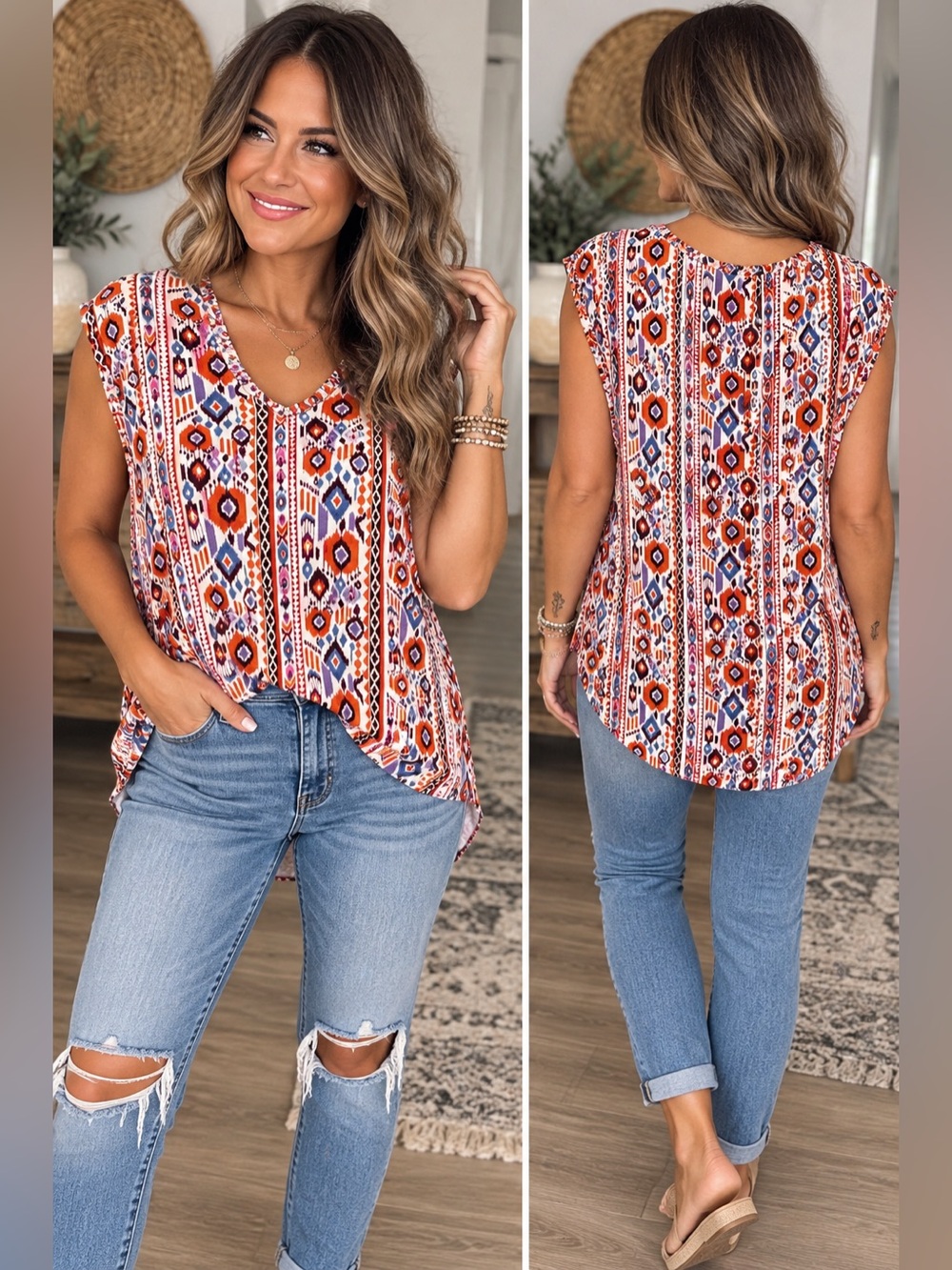 NWT Dear John Red & Blue Aztec Stripe V-Neck Womens Top size Medium